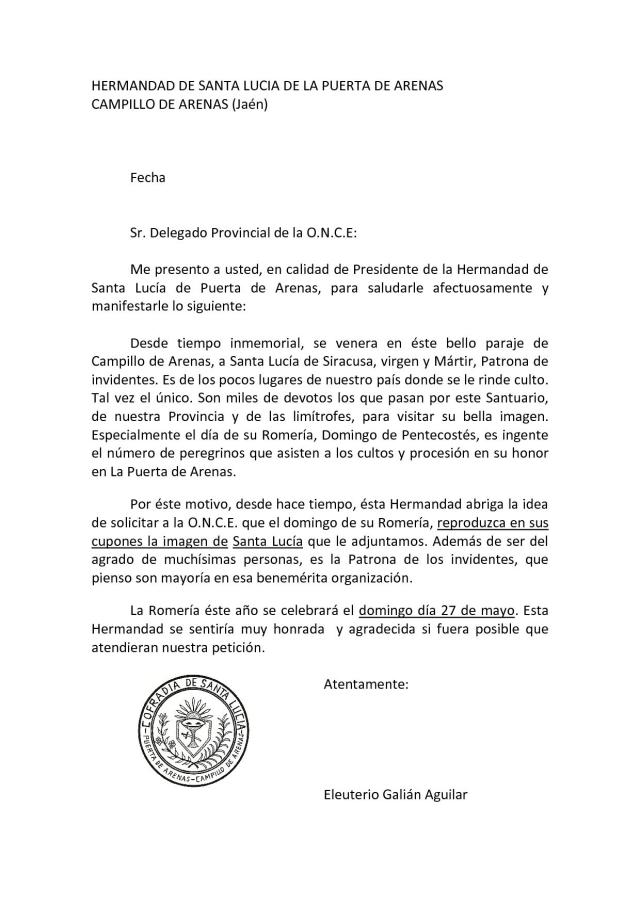 Carta remitida en el año 2012 solicitando la publicación de un cupón de la ONCE con la imagen de Santa Lucía de Puerta de Arenas